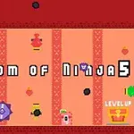 Egy pixeles, retró stílusú képernyő közepén Kingdom of Ninja 5 felirat, körülötte színes ikonok és elemek a rózsaszín háttéren