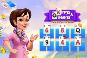 Egy mosolygó nőalak áll egy pakli kártya előtt, amelyeken számok és figurák láthatók, háttérben Kings & Queens Solitaire Tripeaks felirattal
