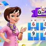 Egy mosolygó nőalak áll egy pakli kártya előtt, amelyeken számok és figurák láthatók, háttérben Kings & Queens Solitaire Tripeaks felirattal