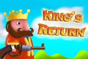Rajzfilm stílusú király koronával és szakállal, fegyverrel a kezében, kék ég és felhők előtt, mellette Kings Return felirat