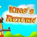 Rajzfilm stílusú király koronával és szakállal, fegyverrel a kezében, kék ég és felhők előtt, mellette Kings Return felirat