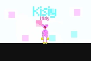 Egy pixelart stílusú, rózsaszín figurát ábrázoló kép, háttérben világos rózsaszín és kék négyzetekkel, fekete alapon