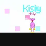 Egy pixelart stílusú, rózsaszín figurát ábrázoló kép, háttérben világos rózsaszín és kék négyzetekkel, fekete alapon