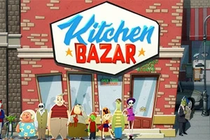 Egy piros téglafalú épület előtt különböző színes ruhás emberekkel, a homlokzaton Kitchen Bazar felirattal