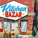 Egy piros téglafalú épület előtt különböző színes ruhás emberekkel, a homlokzaton Kitchen Bazar felirattal