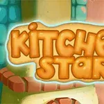 Rajzfilmszerű Kitchen Star felirat színes, konyhai hátérrel