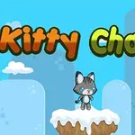 Rajzolt szürke cica áll egy havas sziklán kék háttér előtt, fölötte nagy betűkkel az Kitty Chase felirat látható