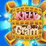 Aranyos cicákkal és rózsaszín, valamint fehér betűkkel írt Kitty Gram felirat egy sütemény alakú háttéren, csillagokkal és kockaelemekkel körülvéve, kék háttéren