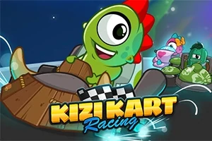Zöld dinoszaurusz-szerű figura vezet gokartot, háttérben több színes karakter látható, és az alján a Kizi Kart Racing felirat szerepel