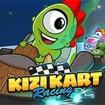 Zöld dinoszaurusz-szerű figura vezet gokartot, háttérben több színes karakter látható, és az alján a Kizi Kart Racing felirat szerepel