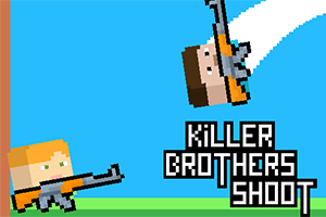 Két pixeles figurák narancssárga ruhában fegyverekkel, egy kék háttér előtt, a Killer Brothers Shoot felirattal
