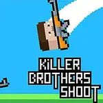 Két pixeles figurák narancssárga ruhában fegyverekkel, egy kék háttér előtt, a Killer Brothers Shoot felirattal
