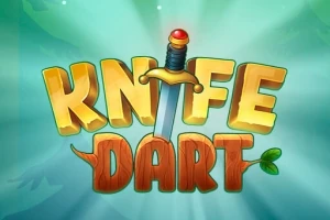 Arany és barna színű KNIFE DART felirat középen, kék háttérrel és egy függőlegesen álló karddal