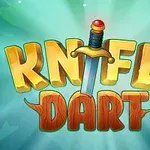 Arany és barna színű KNIFE DART felirat középen, kék háttérrel és egy függőlegesen álló karddal