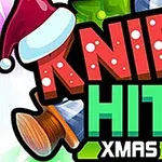 Piros karácsonyi sapkás kés egy ajándékcsomag mellett, zöld és piros Knife Hit Xmas felirattal