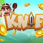 Két rajzolt karakter és aranyérmék körülveszik a KNIFE feliratot, amely közepén egy kard látható