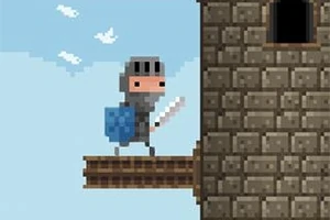 Egy pixeles lovag páncélzatban áll egy fa pallón, háttérben kék ég és kőtoronyablak