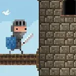 Egy pixeles lovag páncélzatban áll egy fa pallón, háttérben kék ég és kőtoronyablak