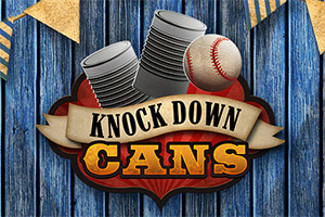 Kék fa háttér előtt három fém konzervdoboz, egy baseball labda, valamint a Knock Down Cans felirat látható szalaggal és díszítéssel