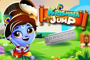 Rajzfilmstílusú kép egy mosolygó, kék bőrű kisfiúval tradicionális viseletben, színes vidéki háttérrel és egy nagy Krishna Jump felirattal