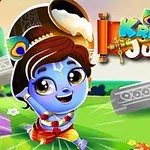 Rajzfilmstílusú kép egy mosolygó, kék bőrű kisfiúval tradicionális viseletben, színes vidéki háttérrel és egy nagy Krishna Jump felirattal