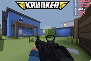 Egy pixeles táját mutató első személyű nézet, ahol egy fekete fegyvert tartanak, kék épületekkel körülvéve