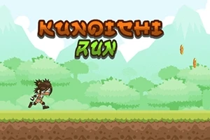 Oldalnézetből egy rajzfilmszerű ninja fut a zöld erdős háttér előtt, a kép tetején színes felirat található