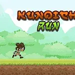 Oldalnézetből egy rajzfilmszerű ninja fut a zöld erdős háttér előtt, a kép tetején színes felirat található