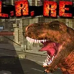 Egy hatalmas Tyrannosaurus rex ordít Los Angeles belvárosában, háttérben az épületekkel, a kép felett L