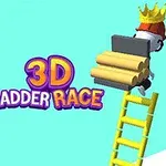 Két rajzfilmszerű figura áll létrákon, az egyik rózsaszín deszkákat tart, a másik sárgát, és koronát visel, középen a 3D Ladder Race felirat látható