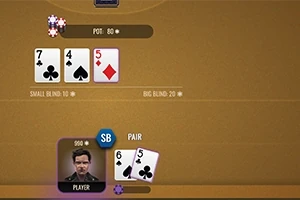 Egy online pókerasztal három felfordított közös lappal és egy játékos saját lapokkal az asztalnál