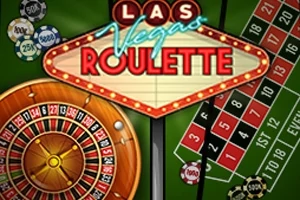 Kaszinó rulettasztal zsetonokkal és rulettkerékkel, Las Vegas Roulette felirat egy reklámtáblára írva