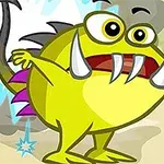 Egy sárga, rajzfilmszerű szörny háromfogú agyarakkal és nagy szemekkel egy számokat tartalmazó bombát tart a kezében