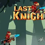 Két páncélos karakter harcol egymással az erdőben, az egyik kék karddal, a másik sárkányszerű szárnyakkal, a háttérben Last Knight felirattal