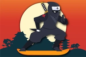 Egy sötét ruhás ninja figurája narancssárga deszkán, háttérben naplementés tájjal és sziluett fákkal