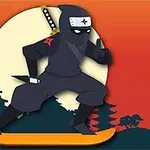 Egy sötét ruhás ninja figurája narancssárga deszkán, háttérben naplementés tájjal és sziluett fákkal