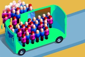 Színes, stilizált emberek egy zöld buszban és mellette állnak