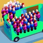 Színes, stilizált emberek egy zöld buszban és mellette állnak
