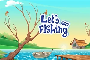 Egy fa áll a vízparton, előtérben csónakkal és mólóval, háttérben egy házzal, kék éggel és felirat: Let’s Go Fishing