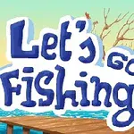 Egy fa áll a vízparton, előtérben csónakkal és mólóval, háttérben egy házzal, kék éggel és felirat: Let’s Go Fishing