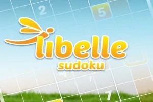 A kép közepén a libelle sudoku felirat látható, háttérben egy kék ég és egy rácsos mintázat