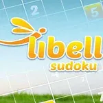 A kép közepén a libelle sudoku felirat látható, háttérben egy kék ég és egy rácsos mintázat