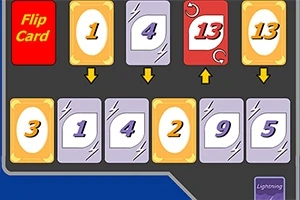Kártyák két sorban, különböző számértékekkel: a felső sorban 1, 4, 13 és egy piros Flip Card, az alsó sorban 3, 1, 4, 2, 9 és 5 számok