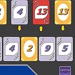 Kártyák két sorban, különböző számértékekkel: a felső sorban 1, 4, 13 és egy piros Flip Card, az alsó sorban 3, 1, 4, 2, 9 és 5 számok