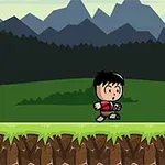 Rajzfilm stílusú kép egy fiatal fiúról, aki zöld fűvel borított platformon sétál, háttérben hegyekkel
