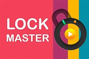 Színes csíkok háttere előtt egy lakat alakú ikon, közepén egy lejátszás szimbólummal és a LOCK MASTER felirattal