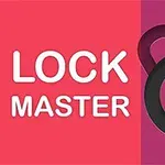 Színes csíkok háttere előtt egy lakat alakú ikon, közepén egy lejátszás szimbólummal és a LOCK MASTER felirattal