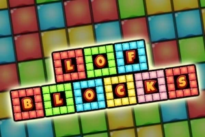 Színes, hálószerű blokkok összerendezve, „LOF BLOCKS” felirattal a középpontban