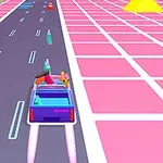 Egy színes, neon stílusú úton haladó autó, virtuális városi környezetben akadályokkal és távoli piramissal