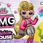 Színes, divatos babát ábrázoló grafika, amely egy rózsaszín felsőt, mintás szoknyát és arany hajpántot visel, a háttérben színes elemekkel és Fashion House felirattal